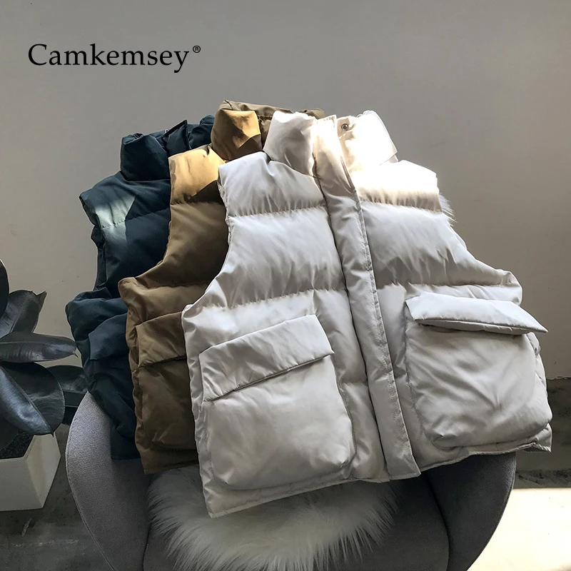 CamKemsey корейские зимние пальто женские новые теплые пуховые хлопковые стеганые большие карманы стоячий воротник зимние жилеты пальто