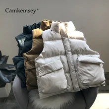 CamKemsey корейские зимние пальто женские новые теплые пуховые хлопковые стеганые большие карманы стоячий воротник зимние жилеты пальто