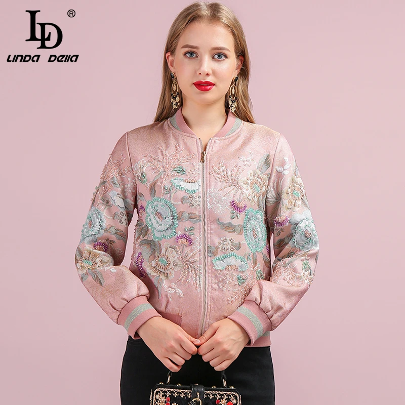 LD Linda della взлетно-посадочной дорожки модная куртка осень-зима Для женщин с длинным рукавом и отделкой из бус и цветочной вышивкой Элегантные Винтаж Дамская верхняя одежда