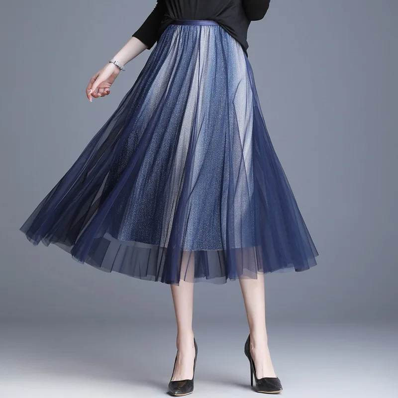 Осенняя новая сетчатая юбка, Корейская Яркая Цветная сетчатая юбка с высокой талией, тонкая Офисная Женская юбка