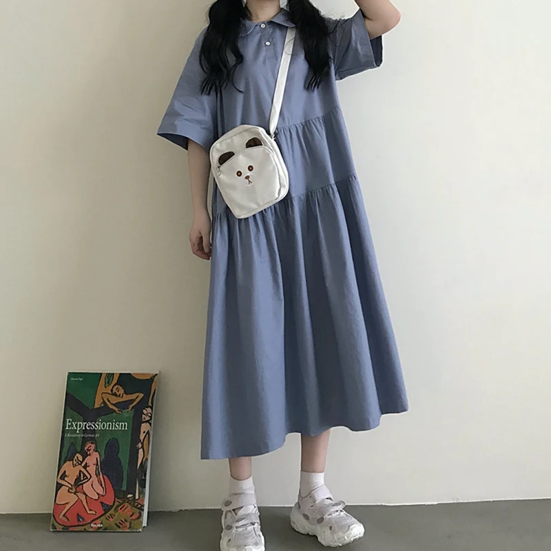 

Japanese-Style Sweet Short-Sleeve Dress Women's 2020 Summer College Style Polo Collar Retro Mori Doll Collar lolita Dress