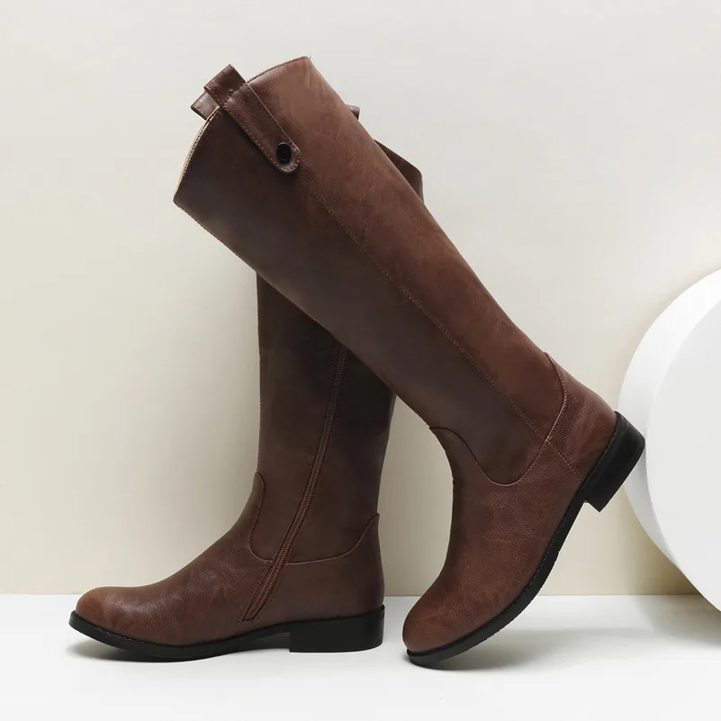 Meotina/осенние ботинки в западном стиле; женские сапоги для верховой езды; сапоги до колена из искусственной кожи на плоской подошве; обувь с круглым носком на молнии; женская зимняя обувь; размеры 34-43