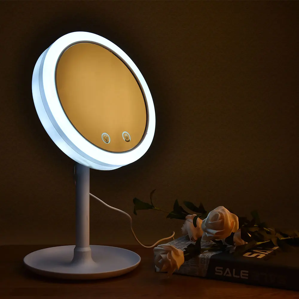 

Led Vanity Mirrors with Cooling Fan Table Makeup Mirror Desktop 10x Magnification USB Led Cosmetic Mirror with storage Tray