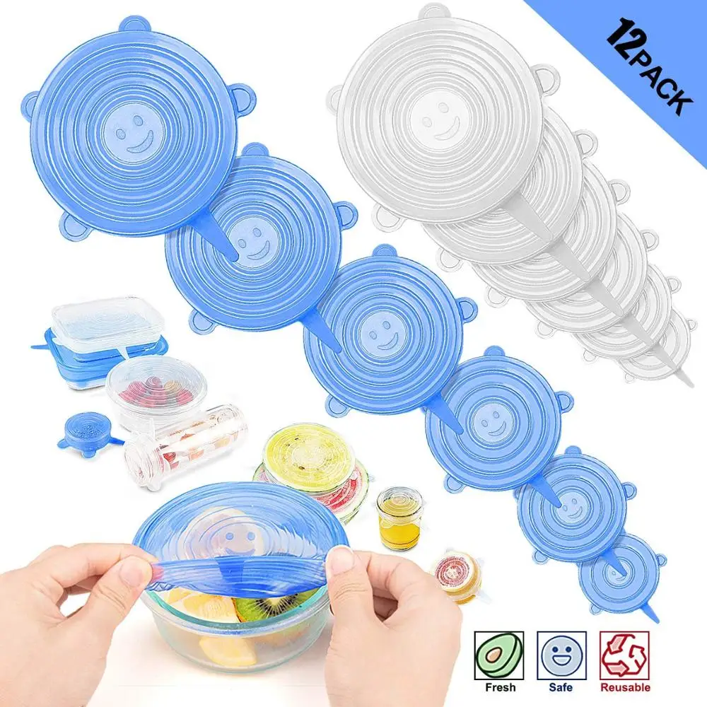12pcs Silicone Stretch Lids Reusable Seal Food Covers for Bowl Cup Safe Durable Expandable Fit Various Size Keep Fresh |