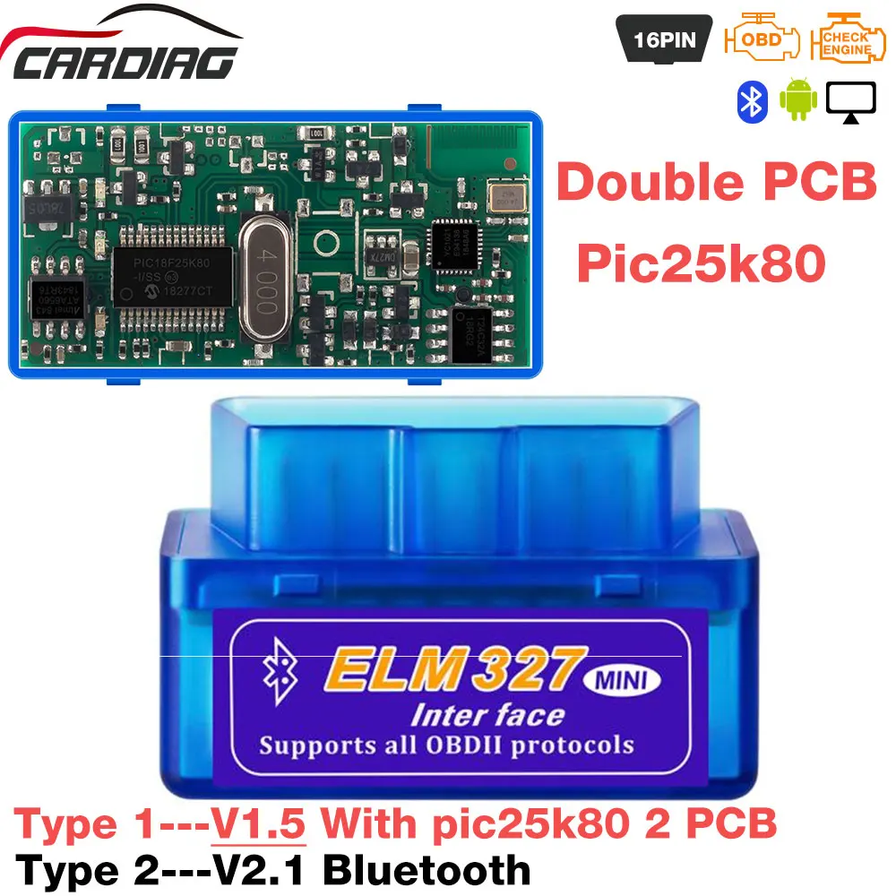 OBD2 сканер ELM327 V1.5 PIC18F25K80 двойная печатная плата/ELM 327 2 1 BT автомобильный