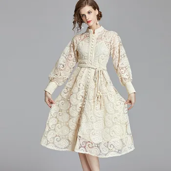 

New Arrival Runway spring women Hollow Out Vintage Lace Dress Lantern Sleeve Single-Breasted Party Elegant Dresses with Belt