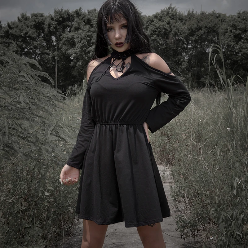 

Gothic Black Sexy Women Knitting Off Shoulder Long Sleeve Eyelet Lace Up Party Dress Goth Punk Dark Vintage Mini Pleated Dress