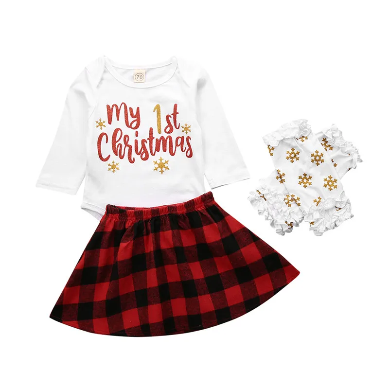Emmaaby/хлопковый комбинезон с длинными рукавами и надписью «My first Christmas» для маленьких мальчиков и девочек+ мини-юбка в клетку+ повязка на голову, Рождественская одежда комплект из 3 предметов