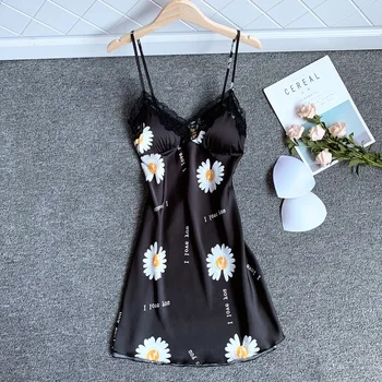 

Summer New Print Flower Nightgown Sleepwear Women Nightdress Satin Intimate Lingerie Suspender Skirt Sexy Home Dressing Gown