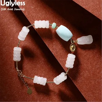 

Uglyless High Porcelain Turquoise Barrel Beads Bracelets for Women Genuine 18K Gold Chains AU750 Jade Bracelets 24K Gold Ingots