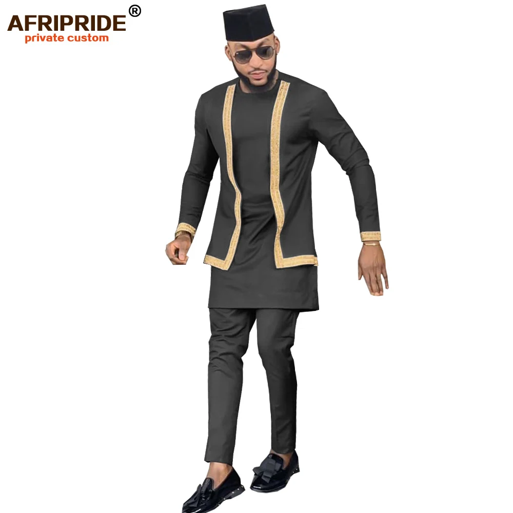 Комплект одежды для мужчин в африканском стиле, костюм из 3 предметов для мужчин, рубашка Дашики, брюки из Анкары, племенная шляпа, спортивный костюм AFRIPRIDE A1916016 - Цвет: 12