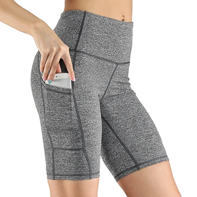 Женские 8 дюймов Inseam с высокой талией для йоги, беговые Компрессионные шорты с боковыми карманами, спандекс, спортивные шорты для спортзала - Цвет: gray with gray line