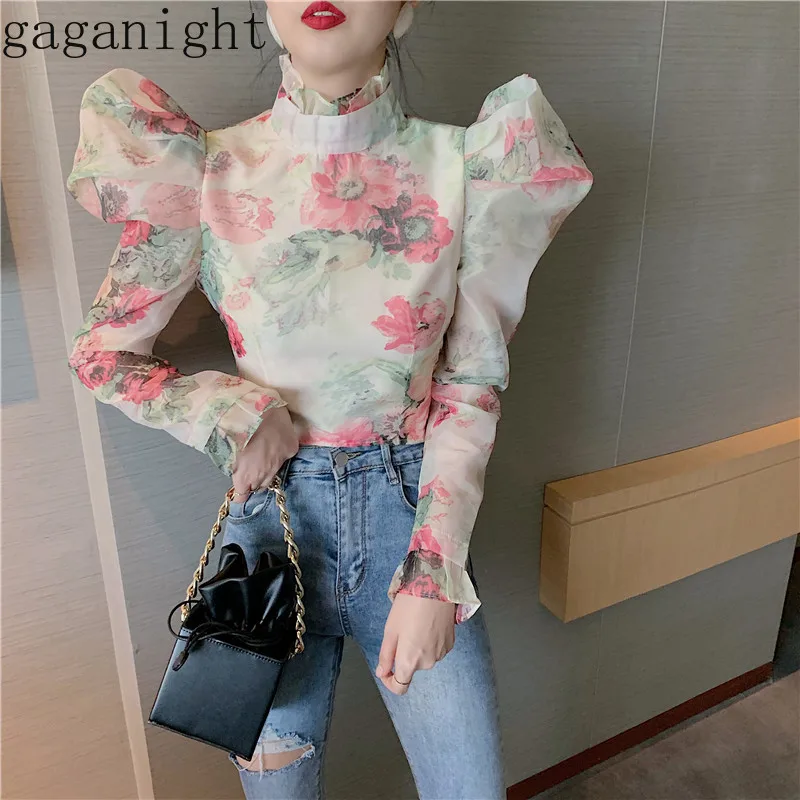 

Gaganight Vintage Flower Chiffon Blouse Women Puff Long Sleeve Stand Collar Female Shirt Ruffles Chic Blouses Short Blusas New