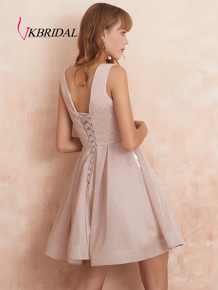 VKBridal Элегантные короткие платья для выпускного вечера Мини Длина v-образным вырезом блестящие вечерние платья для выпускного вечера с карманом