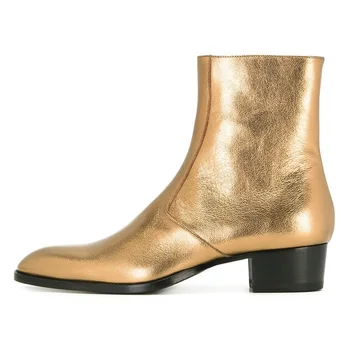 

Chelsea Top Zipper Quality Western Boot Gold Metallic Ankle Boots Mens Leather Shoes Plus Size 36-47 Free Shipping