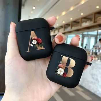 

Cute Floral Gold Initial alphabet Letter AirPods Case For Airpod 2 Cases Silicone Wireless Bluetooth Earphone Cover Matte Black