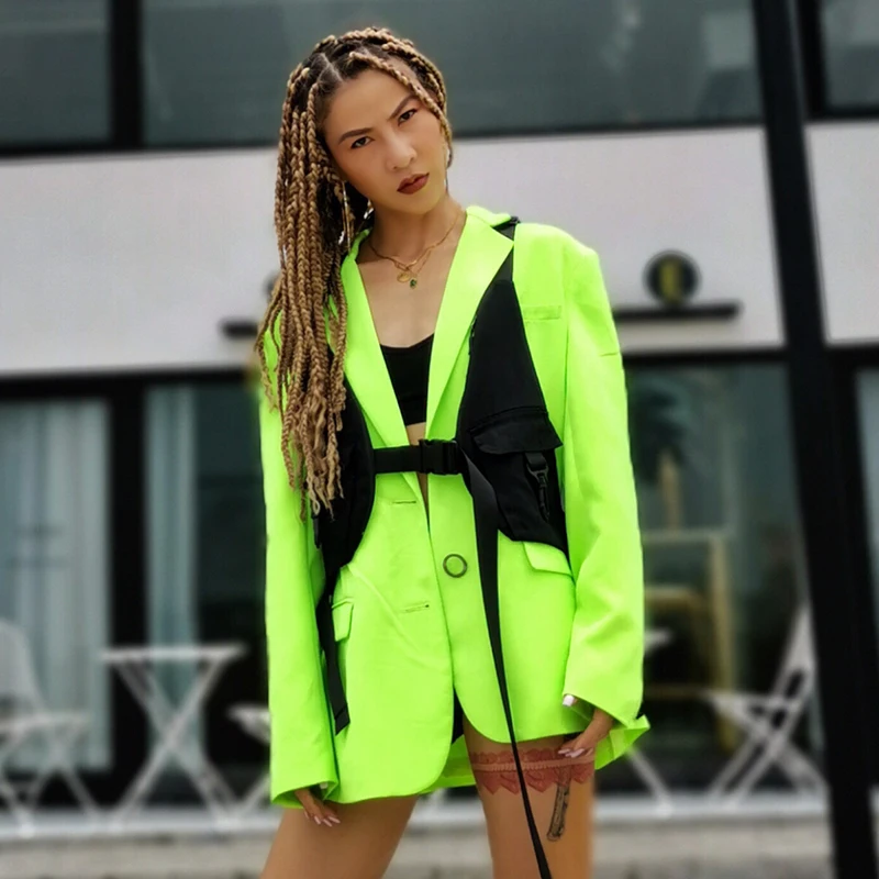 TWOTWINSTYLE Элегантный женский костюм воротник с лацканами с длинным рукавом лимонный Блейзер черный бандажный жилет комплект из двух предметов Женский Мода