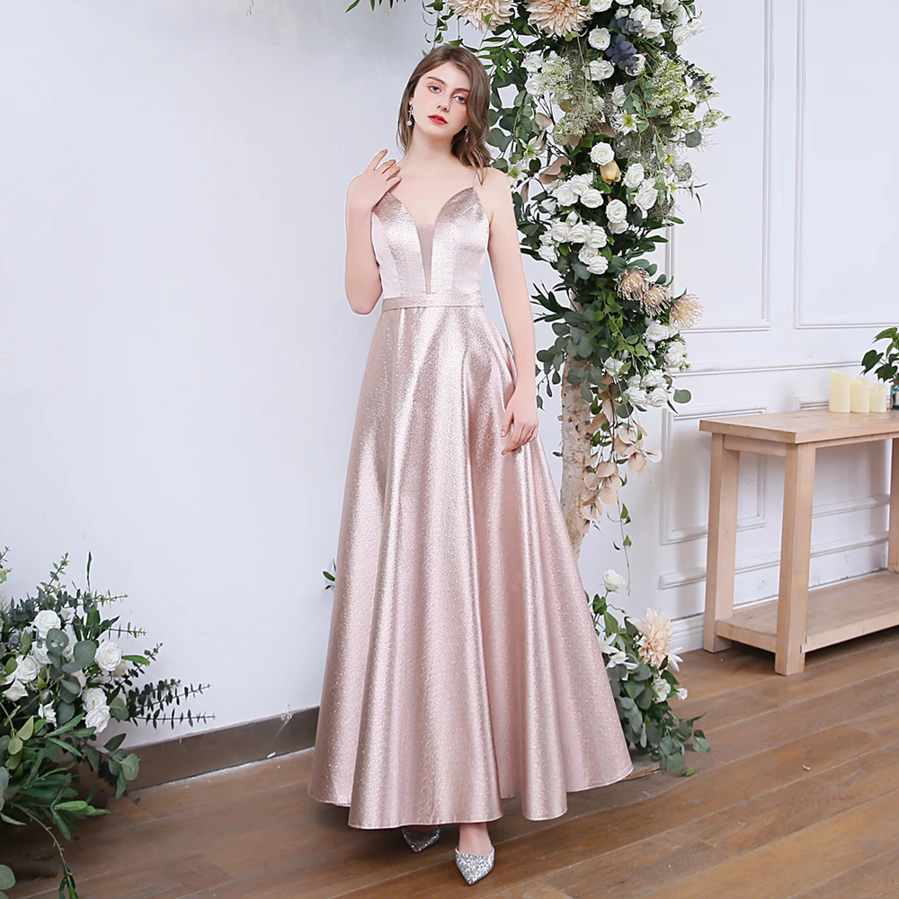 SSYFashion, новинка, Простое розовое вечернее платье, сексуальное, v-образный вырез, открытая спина, сверкающее, длина до пола, для выпускного вечера, официальное платье на заказ, Vestidos De Noche