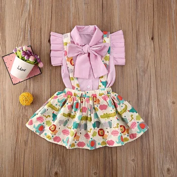 

Pudcoco Toddler Baby Girl Clothes Striped Short Sleeve Bowknot Shirt Tops Cartoon Animals Print Strap Mini Skirt 2Pcs Outfit Set