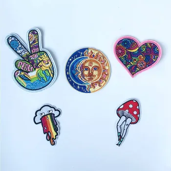 

Colorful Hip Hop Style Love Peace V Gesture Sun Moon Mushroom Embroidery Adhesive Hippy Patch