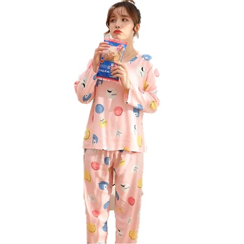 

Spring Autumn Women Sleep Pajama Sets Polyester Couple Round Neck Sleepwear Print Full Sleeve Length Casual Breathable Nightwear