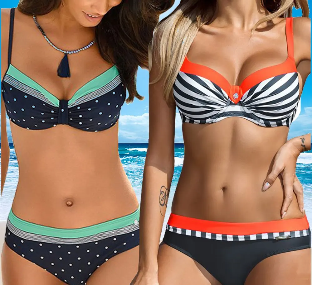 

Tengweng 2017 Retro Sexy Striped Patchwork Swim Beach Wear Bathing suit Swimsuit Swimwear Women Brazilian Push up Bikini XL