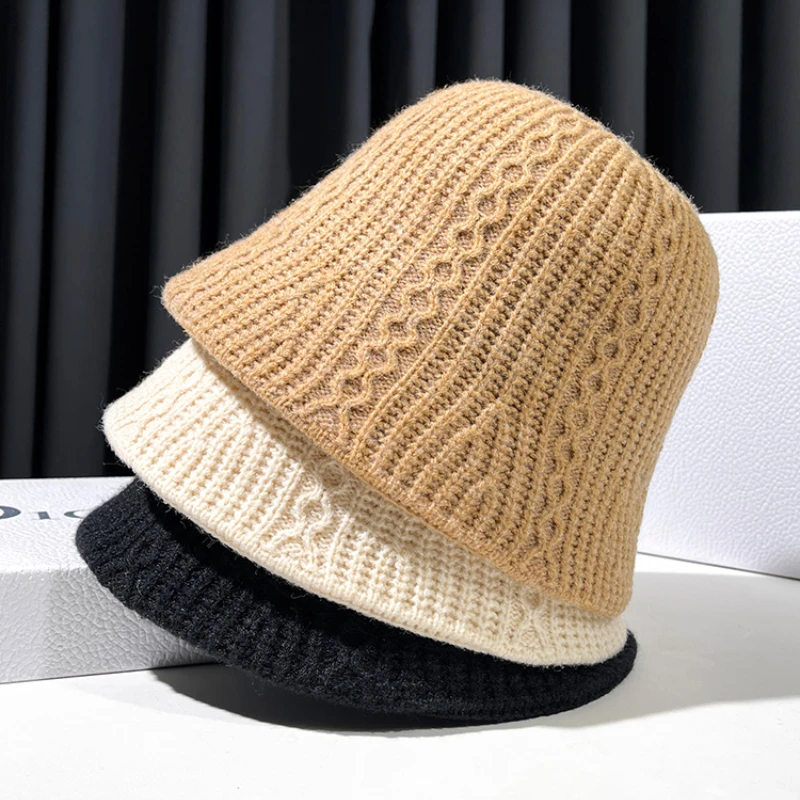 Autumn and Winter Knitted Bucket Hat 2021 New Fashion Wild Warm Fisherman Cap Japanese Wool Knitted Niche Basin Caps wide brim fedora