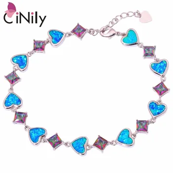 

CiNily Created Blue White Fire Opal Mystic Stone Silver Plated Wholesale Heart For Women Jewelry Chain Bracelet 9" OS367 OS382