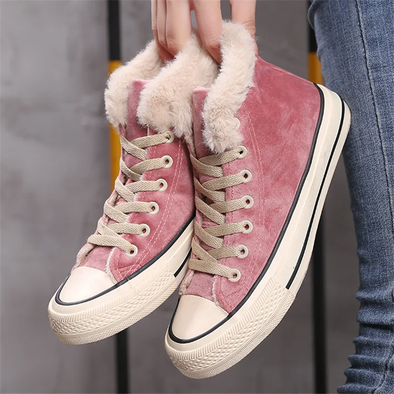 New 2021 Winter Vulcanized Snow Boots Women Suede Leather Sport Shoes Female Outdoor Cotton-Padded Warm Sneakers Pink Gray | Обувь