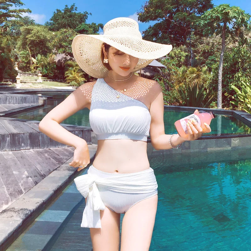 

Bathing Suit Women's 2019 New Style One-Shoulder Pure Color Bikini Two-piece Swimsuits Small Bust Gathering Conservative Slimmin