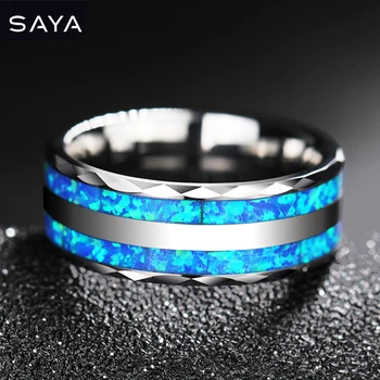 

Tungsten Ring for Wedding Inlay Two Pcs Synthetic Blue Opal 8mm Width for Women Men, Free Shipping, Customized