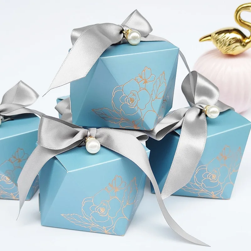 50x Blue Wedding Heart Candy Gift Boxes W/Ribbon Party Baby shower Favor Bags 