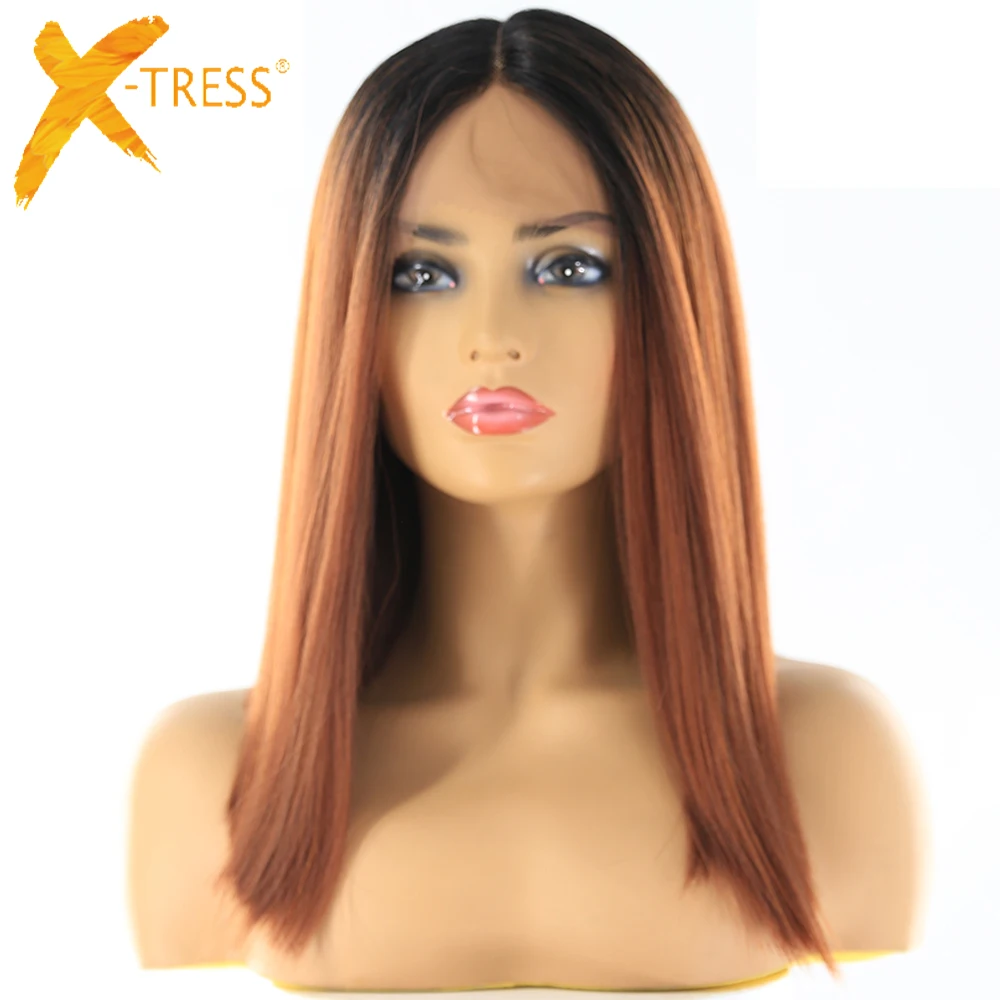 

Ombre Green Blue Color Synthetic Lace Front Wigs For Black Women X-TRESS Yaki Straight Blunt Short Bob Lace Wig Middle Part