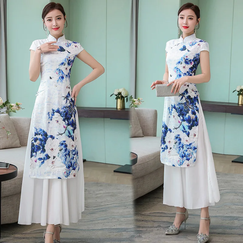 

Blue Pattern Improved Cheongsam Summer New Style Women's Viet Nam Audrey Dress Mid-length Retro Catwalks Costume 6609