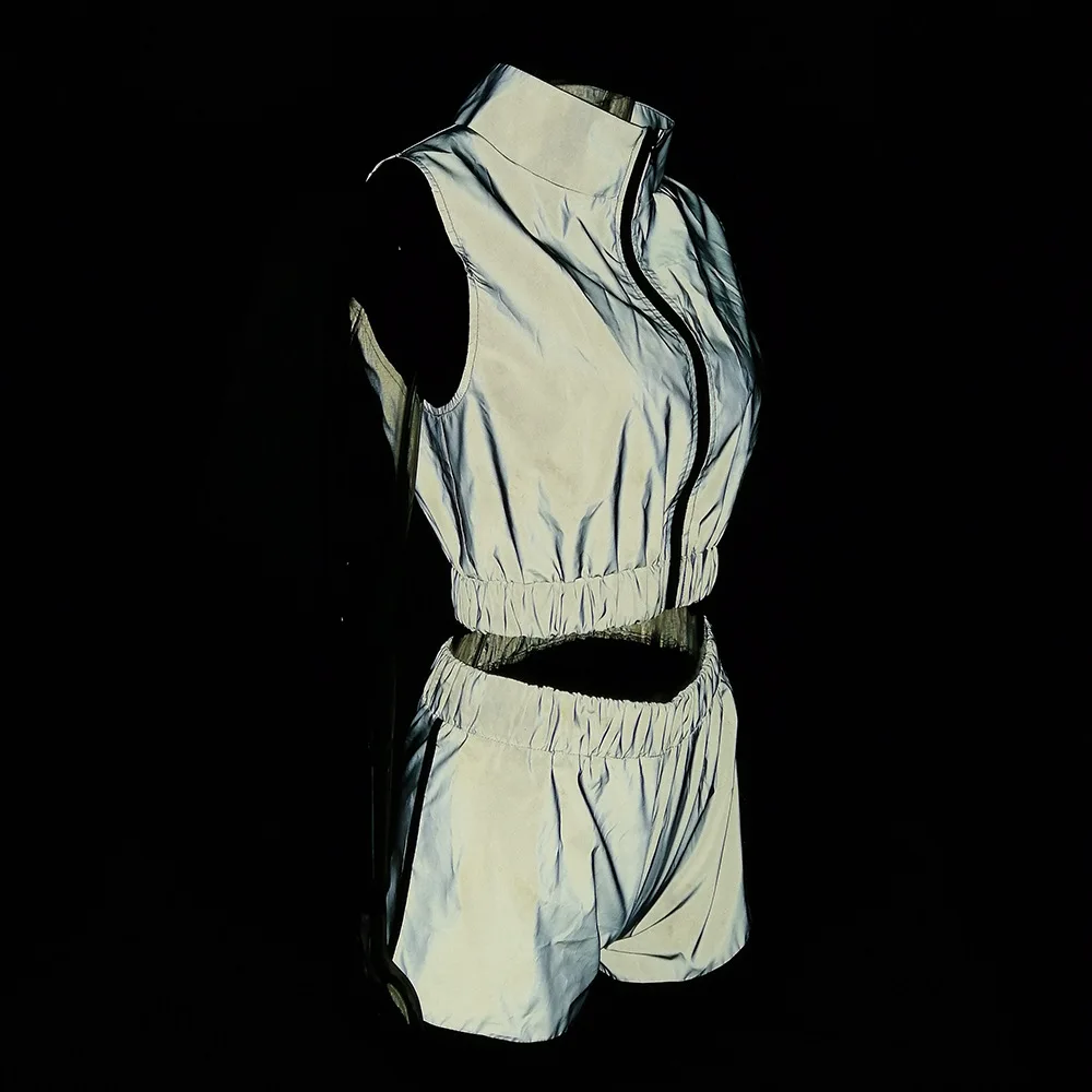 Летняя женская мода без рукавов Светоотражающая застежка Повседневный укороченный топ шорты костюм сексуальный ночной бег сплошной комплект из двух предметов S7915D