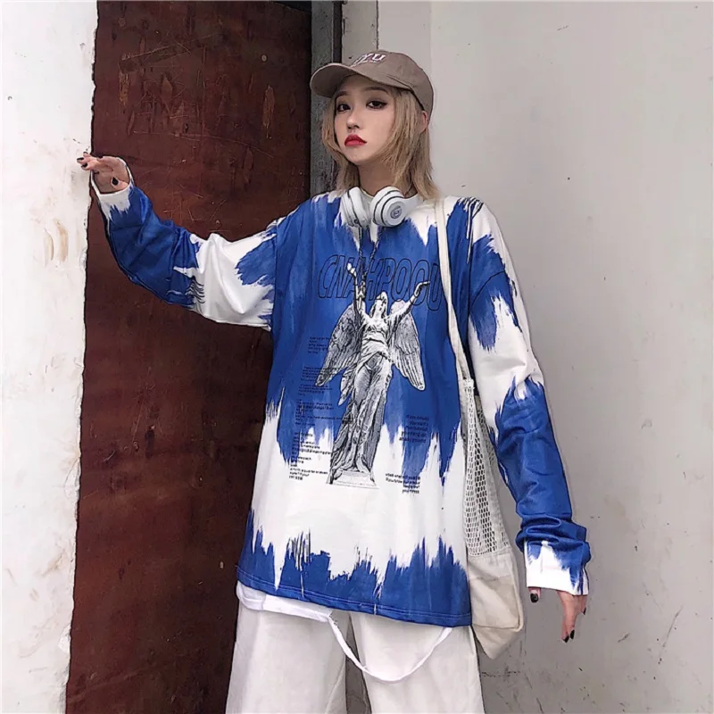 Осень Корея ulzzang Харадзюку улица Винтаж BF tie-dye Ангел печати o-образным вырезом пуловер свободная повседневная женская футболка с длинными рукавами