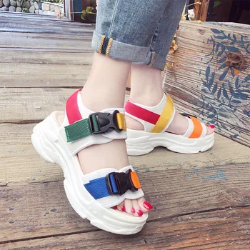 

Woman Hook Loop Sandals Ladies Mixed Colours Buckle Shoes Female Flat Platform Women Fashion Wedges Women's Comfortable Footwear