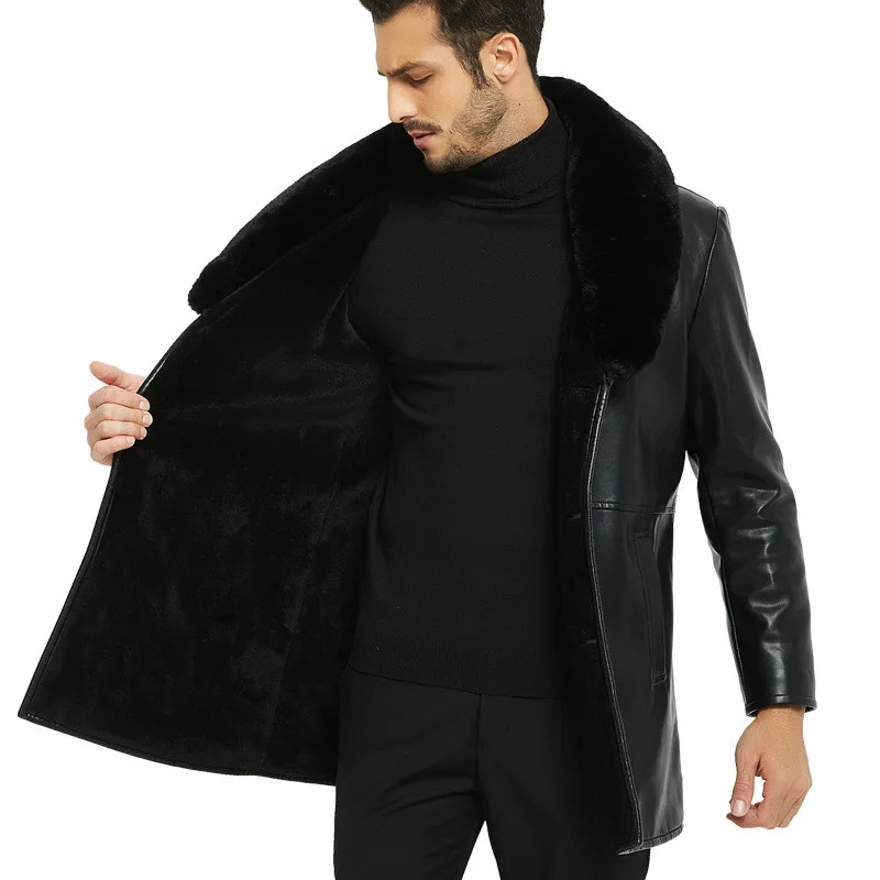 Зимние трендовые Куртки из искусственной кожи с меховым воротником для мужчин, большие размеры, пальто для отца, ветровка, повседневные толстые теплые большие мужские длинные пальто, новинка