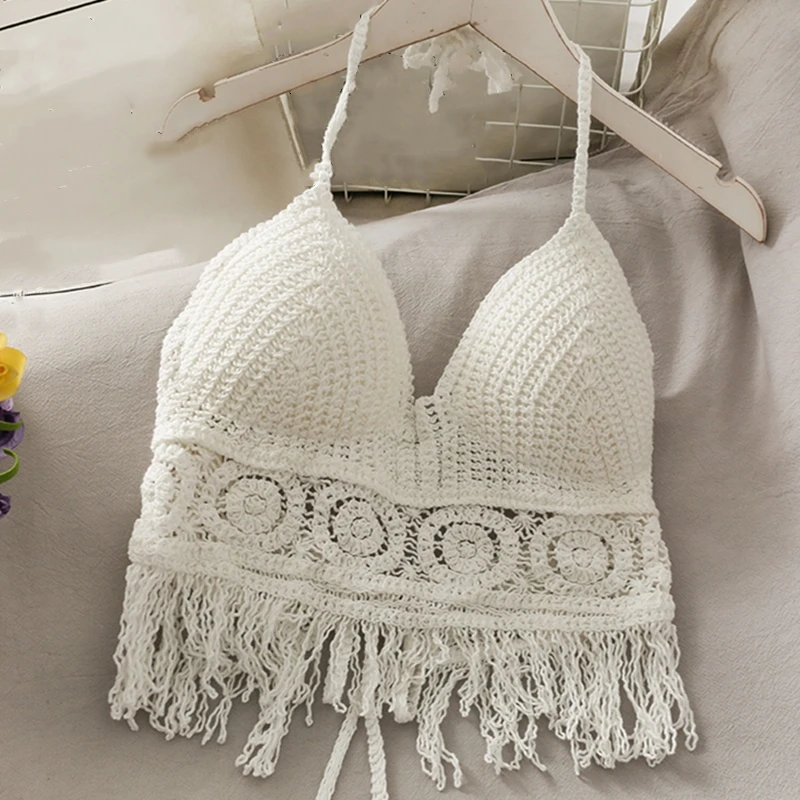 Summer Casual Camisole Hollow Out Halter Short Style Women Vintage V-Neck Sexy Camis Bralette Slim Crop Tops Crochet Female green bra