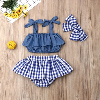 

0-3Years Fashion Summer Newborn Baby Girl Clothes Sling Ruffle Crop Tops Plaid Mini Skirt Headband 3pcs Outfits Set Clothes