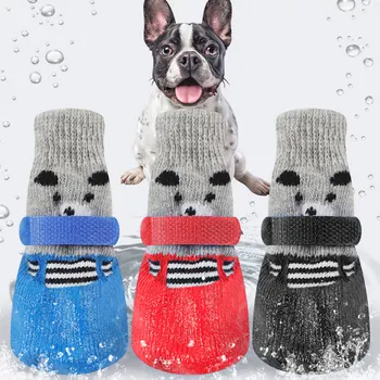 

4pcs Set Dog Shoes Outdoor Winter Warm Waterproof Non-Slip Cotton Rubber Dog Rain Snow Boots Socks Footwear For Puppy Cats Dogs