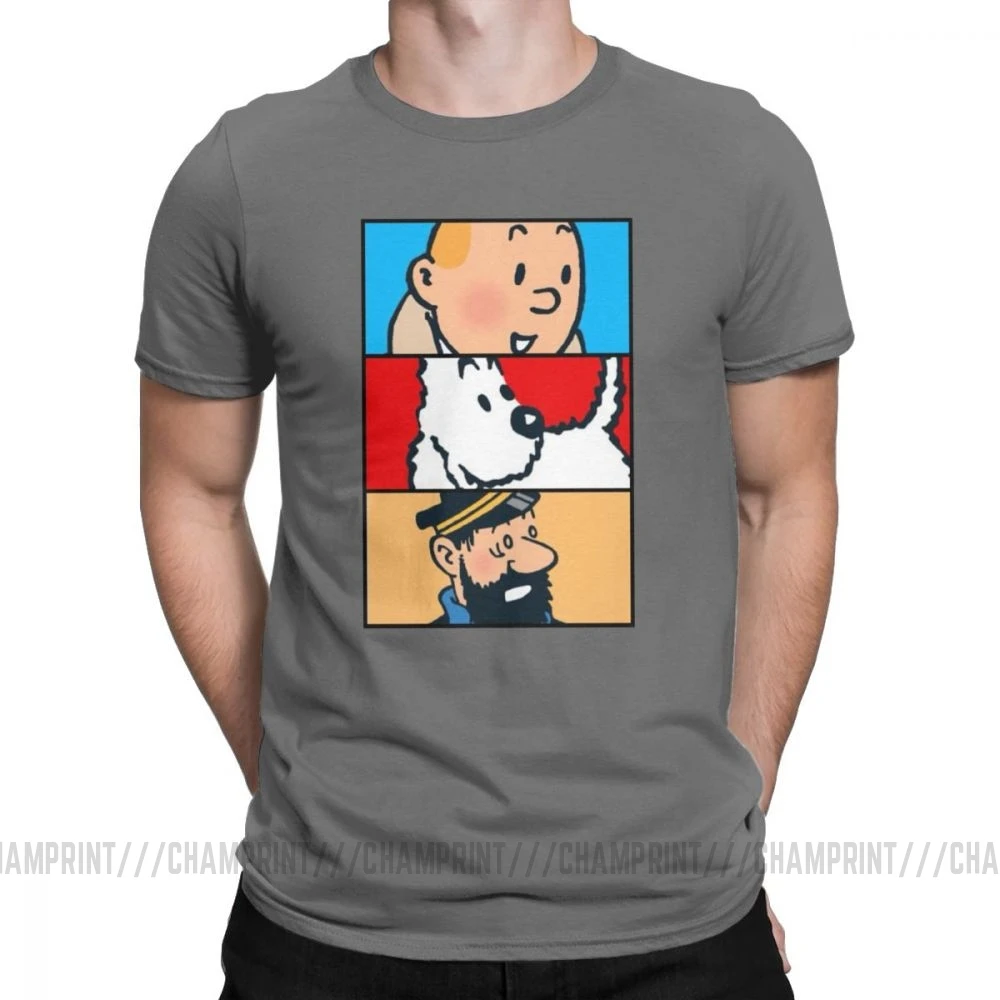 Футболка Tintin Milou Haddock The adventures Of Tintin для мужчин, хлопковая футболка с короткими рукавами, одежда 4XL 5XL 6XL - Цвет: Темно-серый