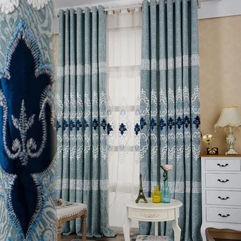 

Simple European Blue Jacquard Curtains For Living Room Bedroom Geometric Embroidered Tulle Curtains For Bay window M130#4