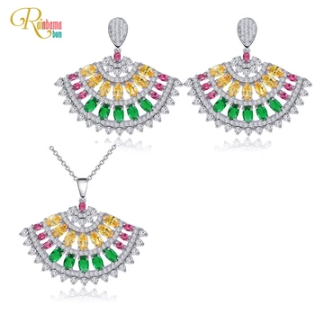 

Rainbamabom Luxury 925 Solid Sterling Silver Emerald Created Moissanite Gemstone Earrings/Necklace Wedding Jewelry Set 2Pcs