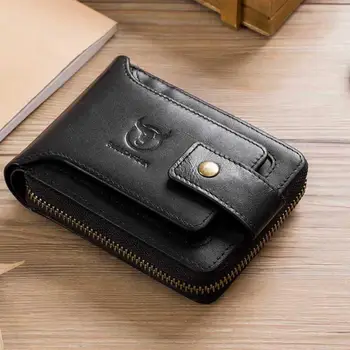 

BULLCAPTAIN Casual Men Bifold Zipper Short Clutch Wallet Fashion Vintage Leather Money Bag for Male Coin Purse Soft Card Holder