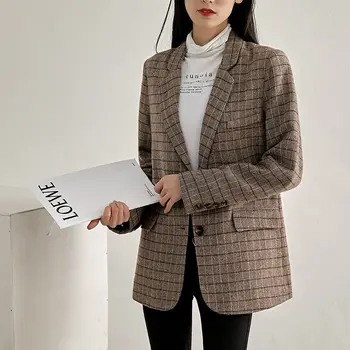 

Women's Plaid Suit Jacket Autumn 2020 New Korean Loose Woolen England Style Thick Casual Blazer Femme Coat Spring Outerwear R82