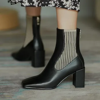 

Designer boots women luxury ankle boots 2020 autumn new cowhide leather square toe high heels rivets zipper chelsea boots size 9