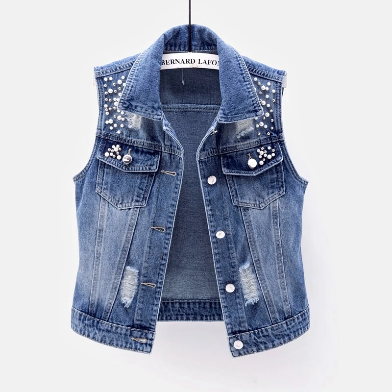 

Oversized Women Vest 2022 Cool Denim Waistcoat Fashion Short Jeans Jacket Beaded Holes Slim Jeans Coat Plus Size Sleeveless