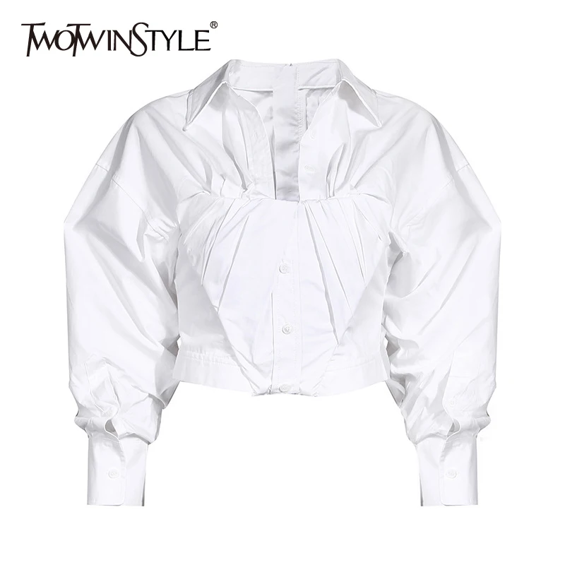 

TWOTWINSTYLE Ruched White Blouse For Women Lapel Lantern Sleeve Side Split Casual Short Tops Female 2020 Summer Fashion New Tide