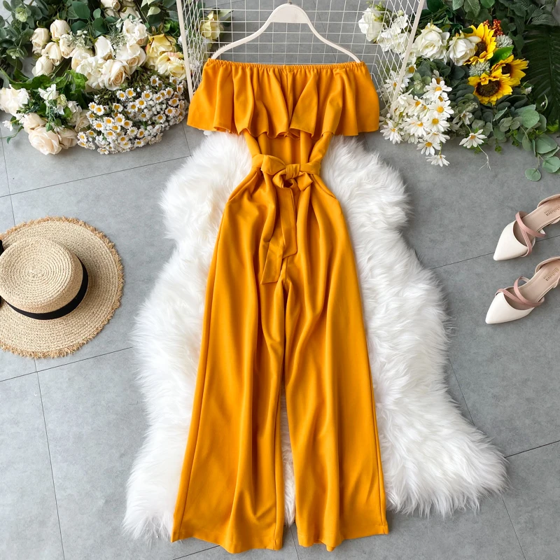 

Summer Women's Jumpsuit One-neck Off-shoulder Ruffled Lace-up Jumpsuit with New Waist and Thin High-waist Wide-leg Pants LL017
